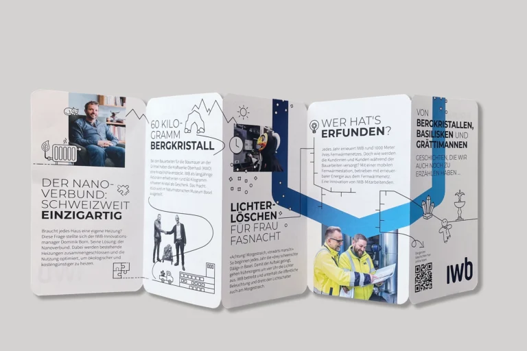 Aufgeklapptes Leporello mit Geschichten zum IWB Geschaeftsbericht 23
